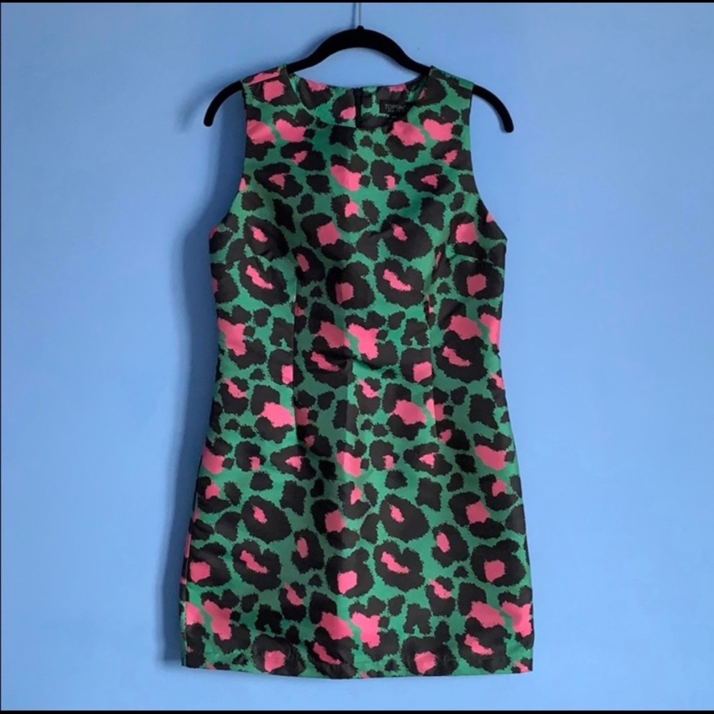 Topshop Green and Pink Leopard Mini Dress